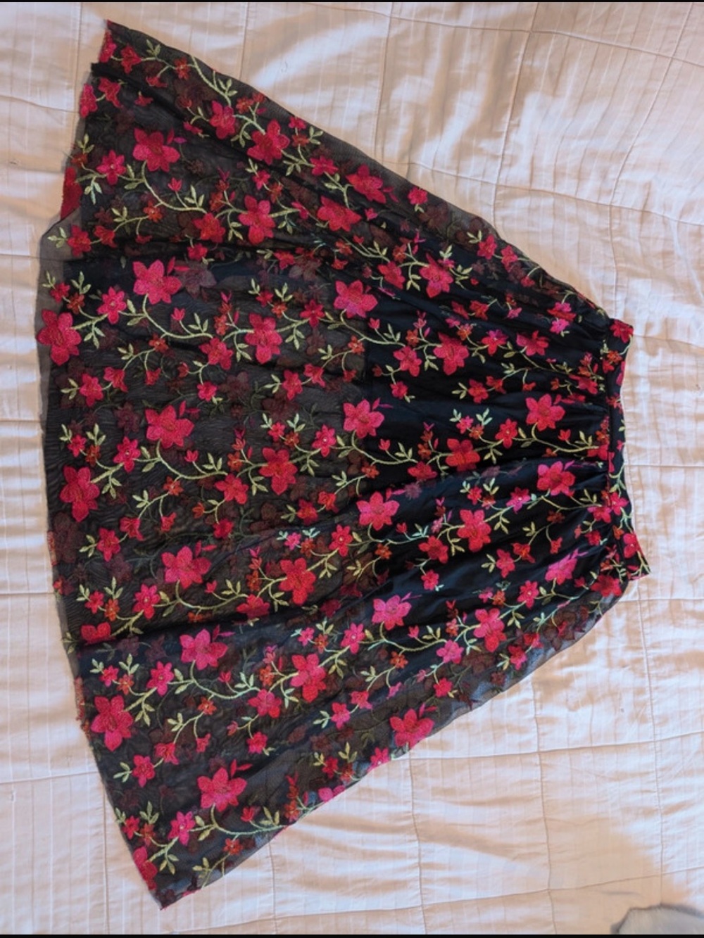 Forever 21 Black Midi Skirt with Pink Floral Embroidery
